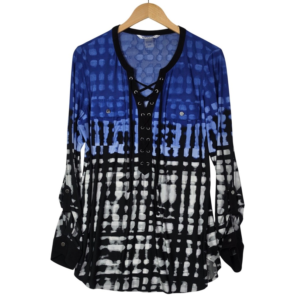 Nygard Womens Top Medium Blue Black White Lace Up Roll Tab Abstract Blouse